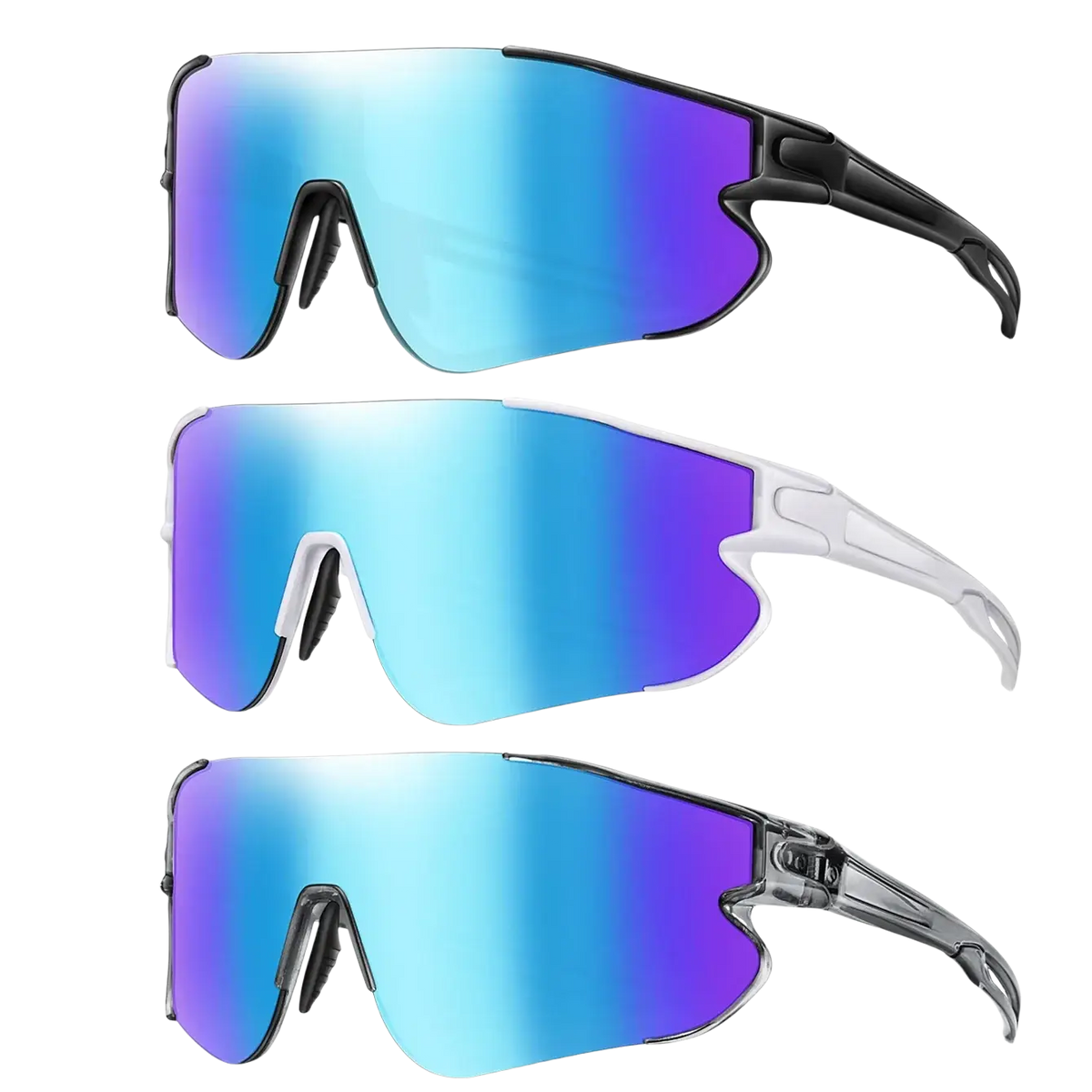 Outdoor sports sunglasses 3 pair with blue and purple gradient mirrored lenses and black, white, or transparent frames