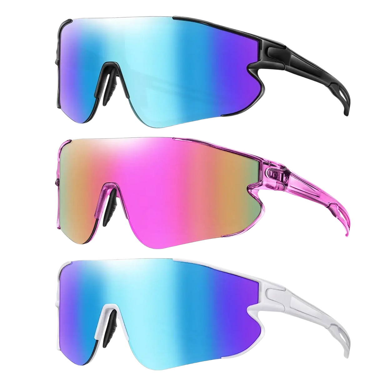 Set of three outdoor sports sunglasses with gradient blue-purple and pink-orange lenses and black, pink, or white frames