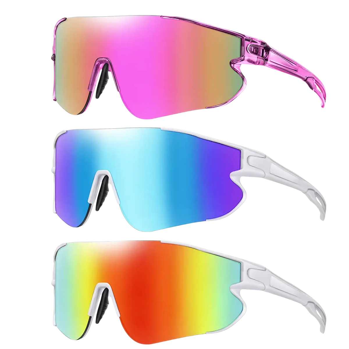 Set of three outdoor sports sunglasses with vibrant translucent pink, white frames and rainbow gradient cycling lenses