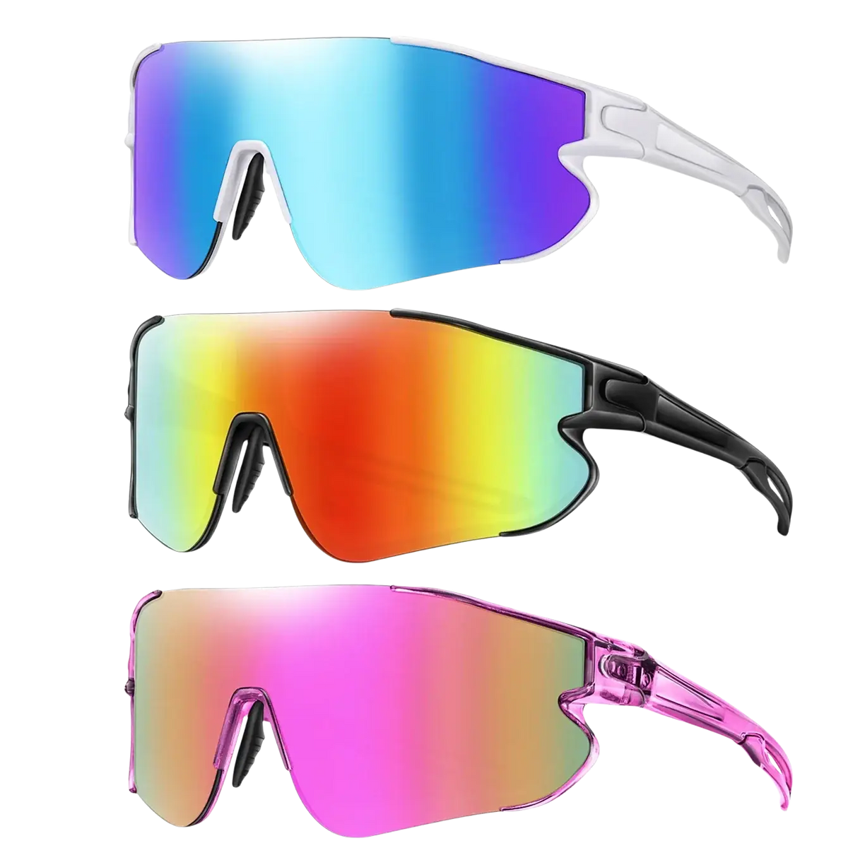 Set of three outdoor sports sunglasses with reflective gradient lenses and sleek plastic frames in white black and pink