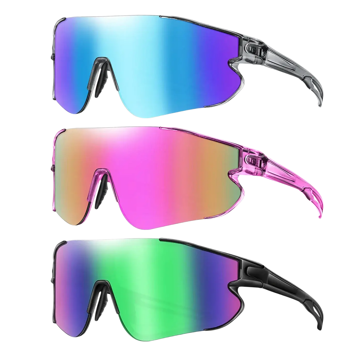 Set of three outdoor sports sunglasses with gradient reflective lenses in blue pink and green and plastic frames