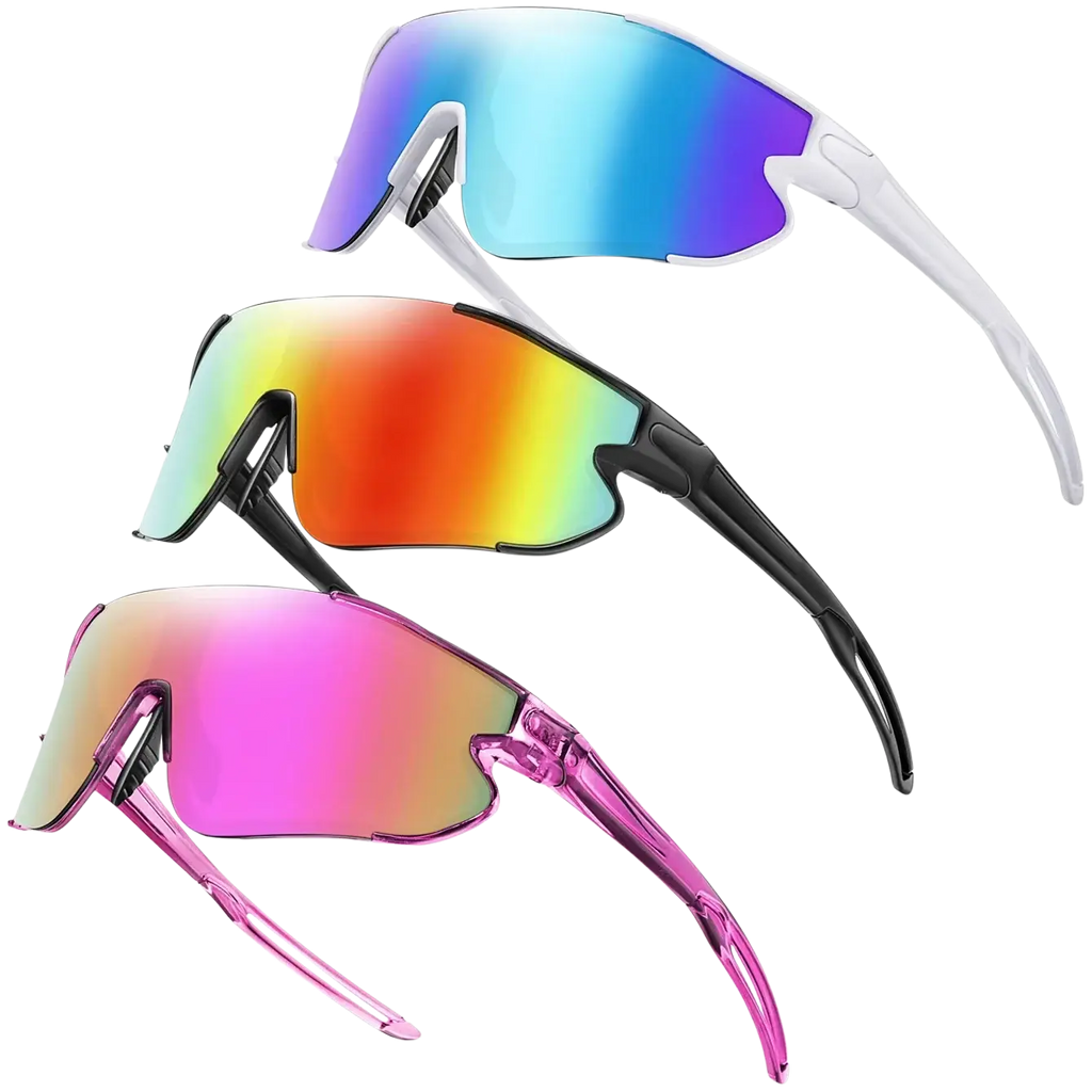 Set of three outdoor sports sunglasses with iridescent blue orange yellow and pink gradient lenses and sleek plastic frames