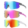 Three-pack outdoor sports sunglasses with wraparound iridescent gradient lenses and translucent blue pink and rainbow frames