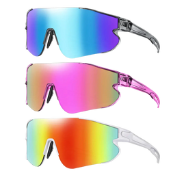 Three-pack outdoor sports sunglasses with wraparound iridescent gradient lenses and translucent blue pink and rainbow frames