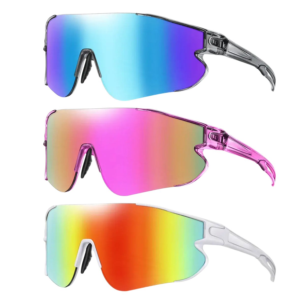 Three-pack outdoor sports sunglasses with wraparound iridescent gradient lenses and translucent blue pink and rainbow frames