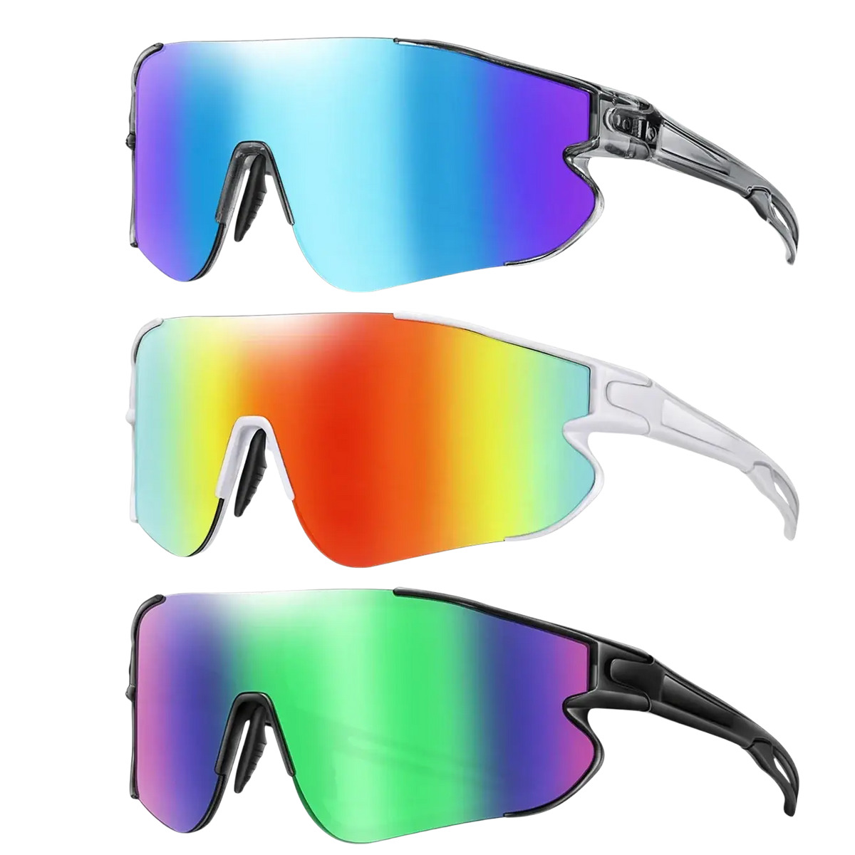 Three-pack of outdoor sports wraparound sunglasses with gradient reflective lenses and transparent or black plastic frames