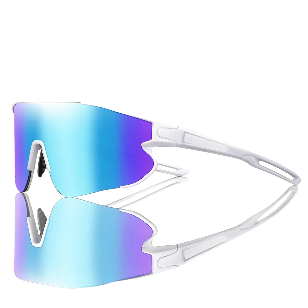 White-framed outdoor sports sunglasses with sleek aerodynamic design and gradient blue-to-purple mirrored lenses