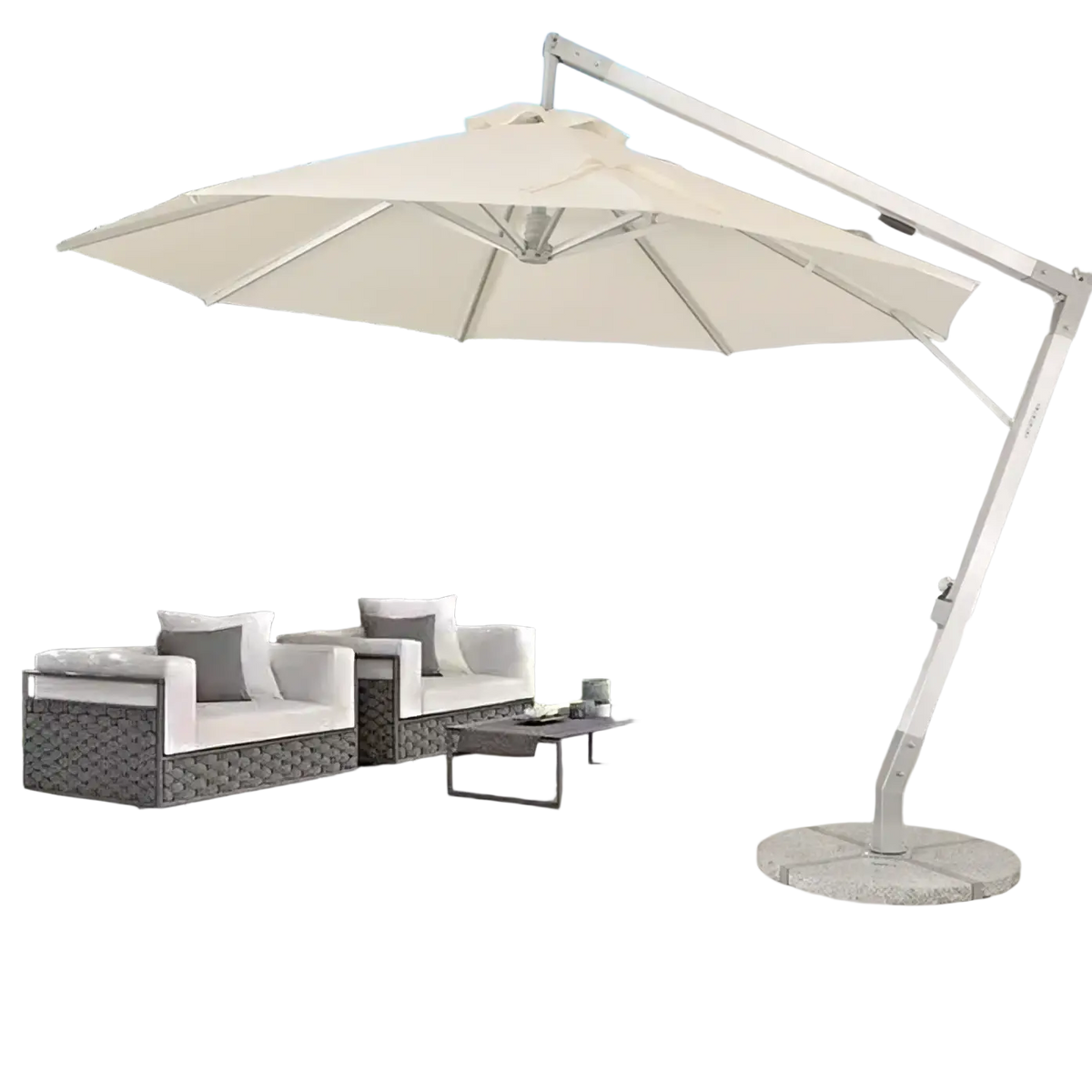 Beige cantilever outdoor sun umbrella with sleek white metal frame and stone base for umbrella courtyard garden use