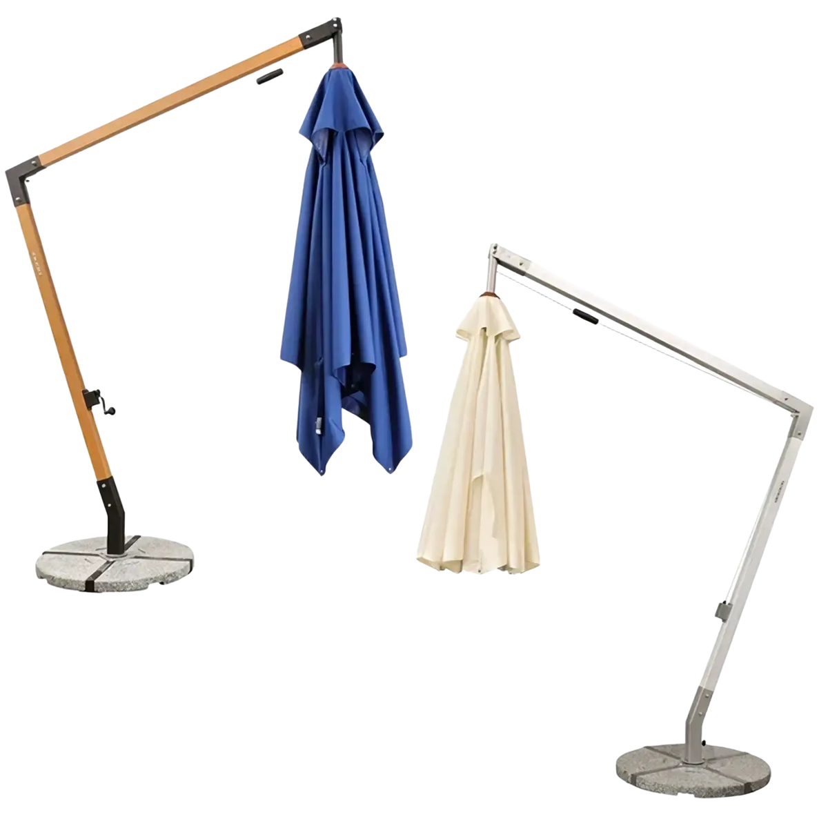 Outdoor sun umbrella cantilever patio parasol with blue and cream fabric and wooden metal arm stands for courtyard garden