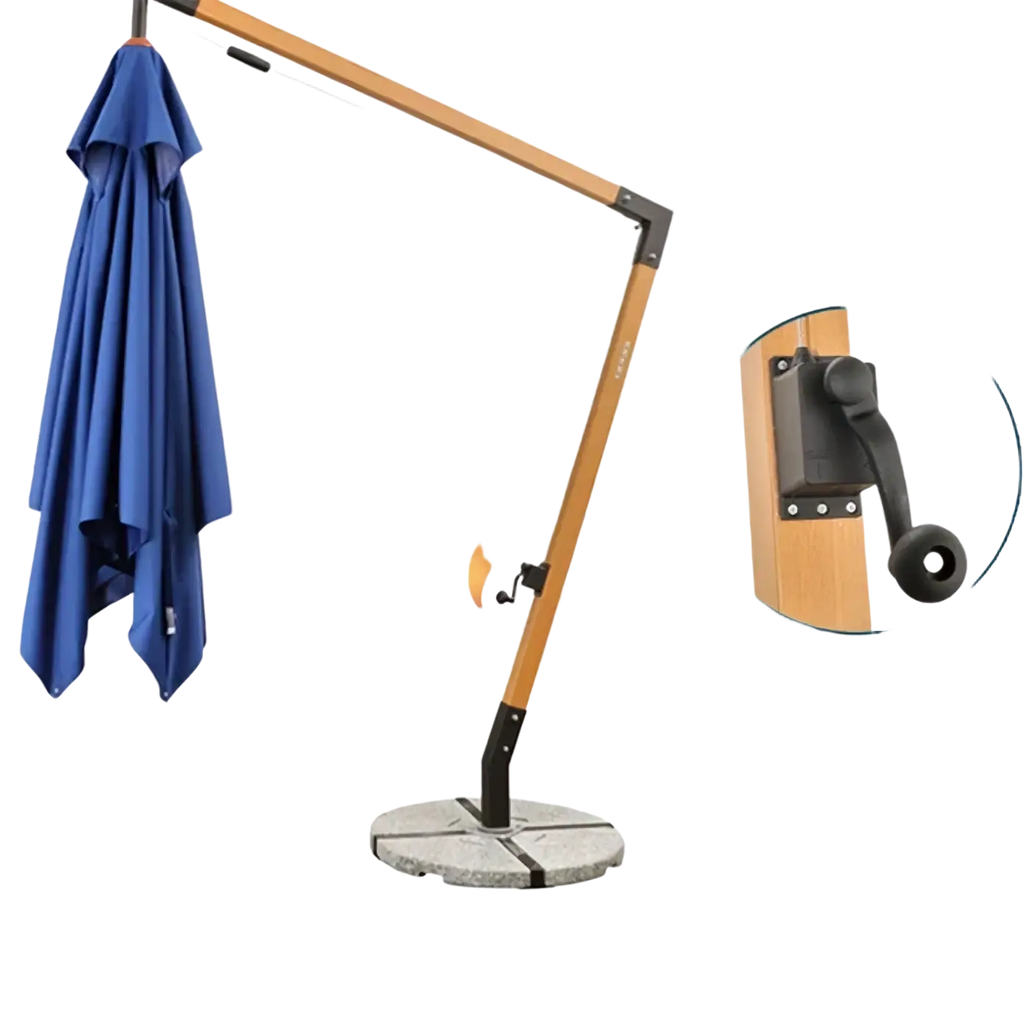 Blue fabric outdoor sun umbrella with wooden arm and stone base for umbrella courtyard garden use