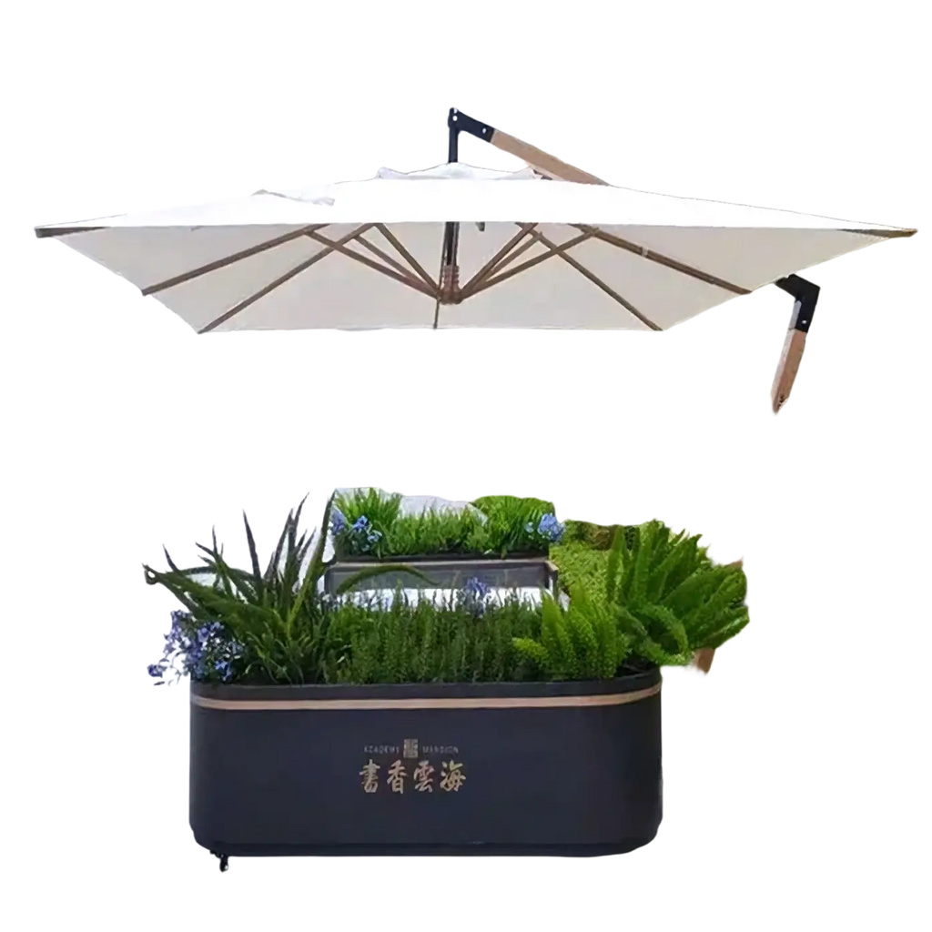 Cream-colored outdoor sun umbrella cantilever patio parasol with wooden ribs and black metal base on dark gray planter box