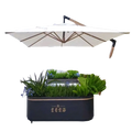 Cream-colored outdoor sun umbrella cantilever patio parasol with wooden ribs and black metal base on dark gray planter box