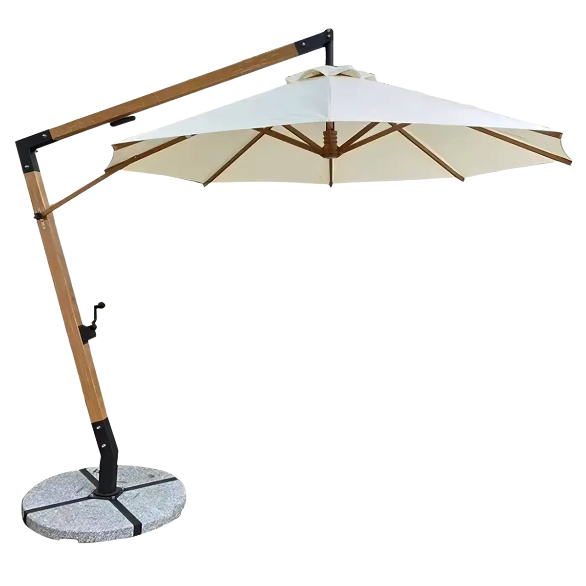 Cream-colored outdoor sun umbrella with wooden frame and black metal joints mounted on stone base for courtyard garden