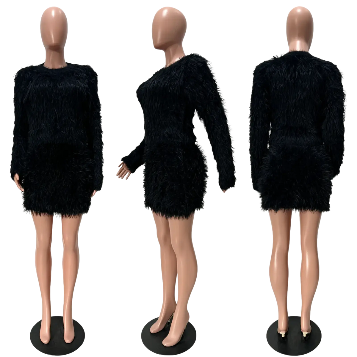 Black long-sleeved fuzzy mini dress with one-shoulder design in outfits woman two piece fuzzy skirt set
