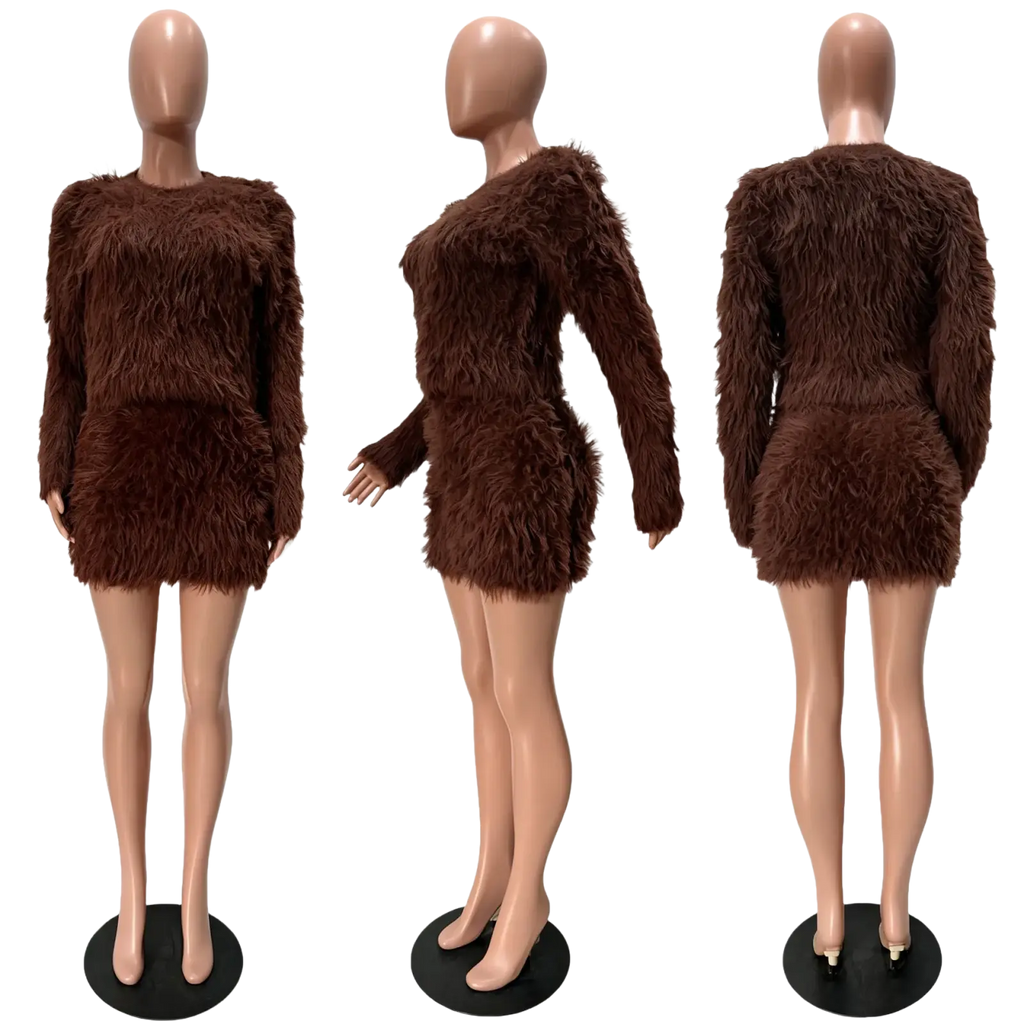 Brown faux fur two-piece outfit woman with long-sleeved top and matching mini skirt in fuzzy skirt set