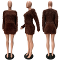 Brown faux fur two-piece outfit woman with long-sleeved top and matching mini skirt in fuzzy skirt set