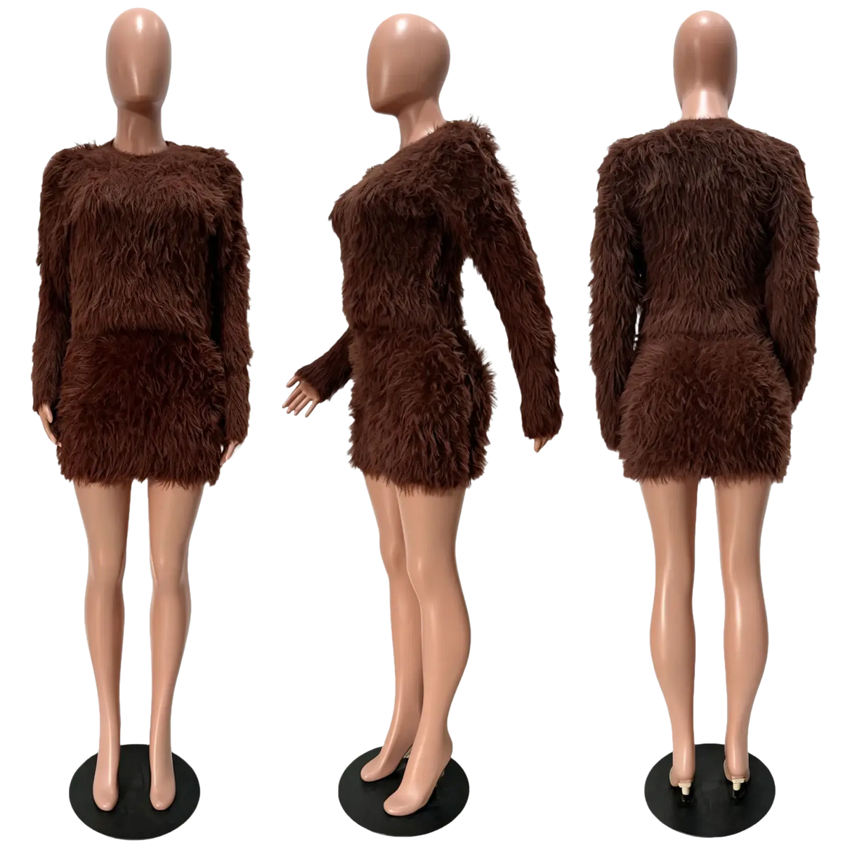 Brown faux fur two-piece outfit woman with long-sleeved top and matching mini skirt in fuzzy skirt set