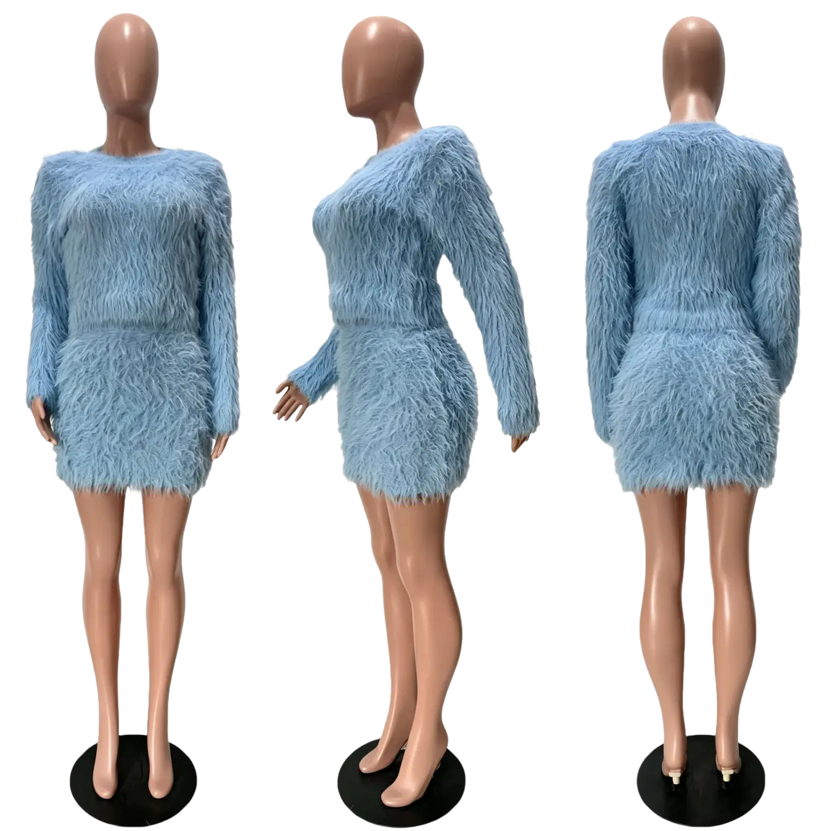 Light blue long-sleeved fuzzy faux fur two-piece skirt set for outfits woman in stylish cozy material