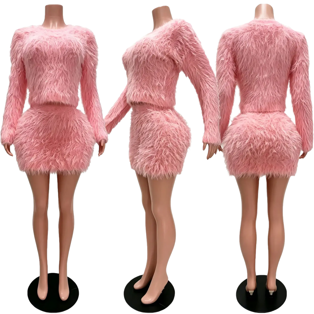 Pink faux fur two-piece outfit woman featuring a long-sleeved top and matching mini skirt fuzzy skirt set