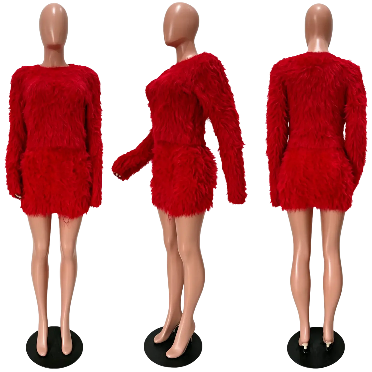 Vibrant red long-sleeved faux fur mini dress with flared hem and side slit in outfits woman two piece fuzzy skirt set