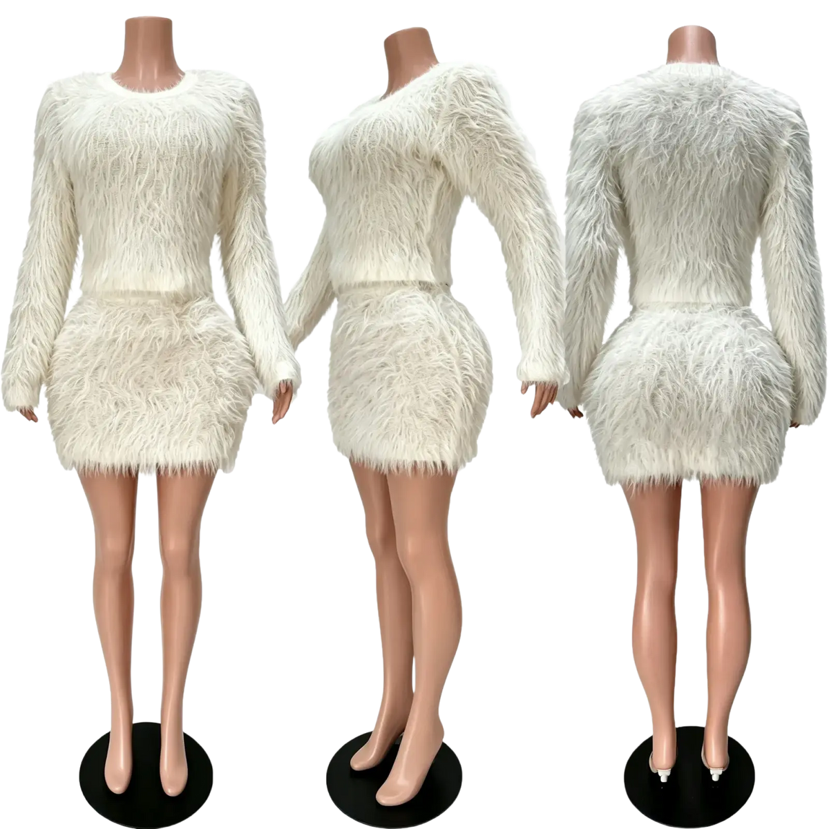 White faux fur two-piece outfits woman set featuring long-sleeved top and matching mini skirt in fuzzy material