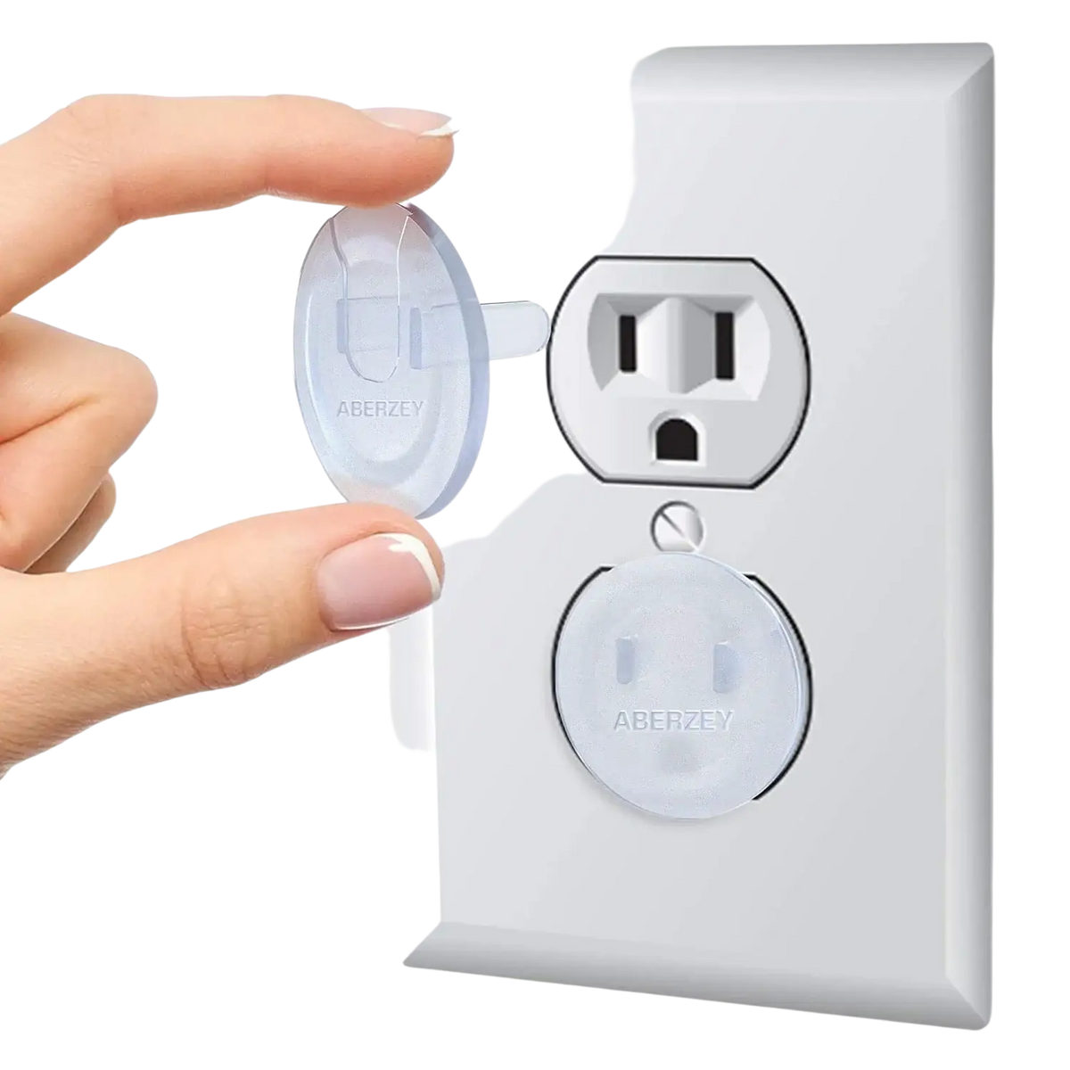 Clear plastic baby proofing outlet cover with snap-on design branded aberzey for child safety 10 pack