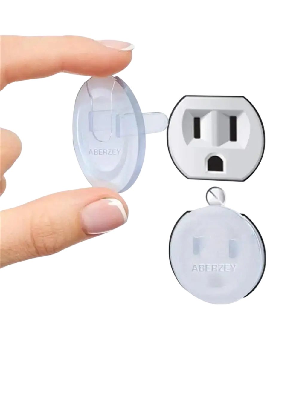 Clear plastic child safety plug outlet cover with circular design and aberzev branding for baby proofing safety 10 pack