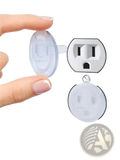 Clear plastic child safety plug outlet cover with circular design and aberzev branding for baby proofing safety 10 pack