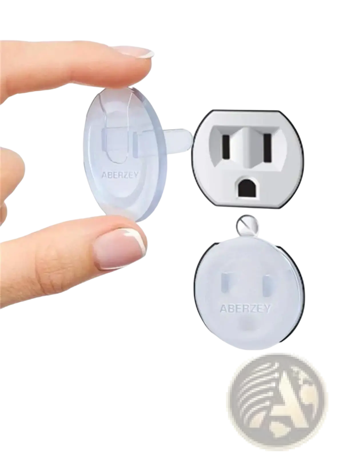 Clear plastic child safety plug outlet cover with circular design and aberzev branding for baby proofing safety 10 pack