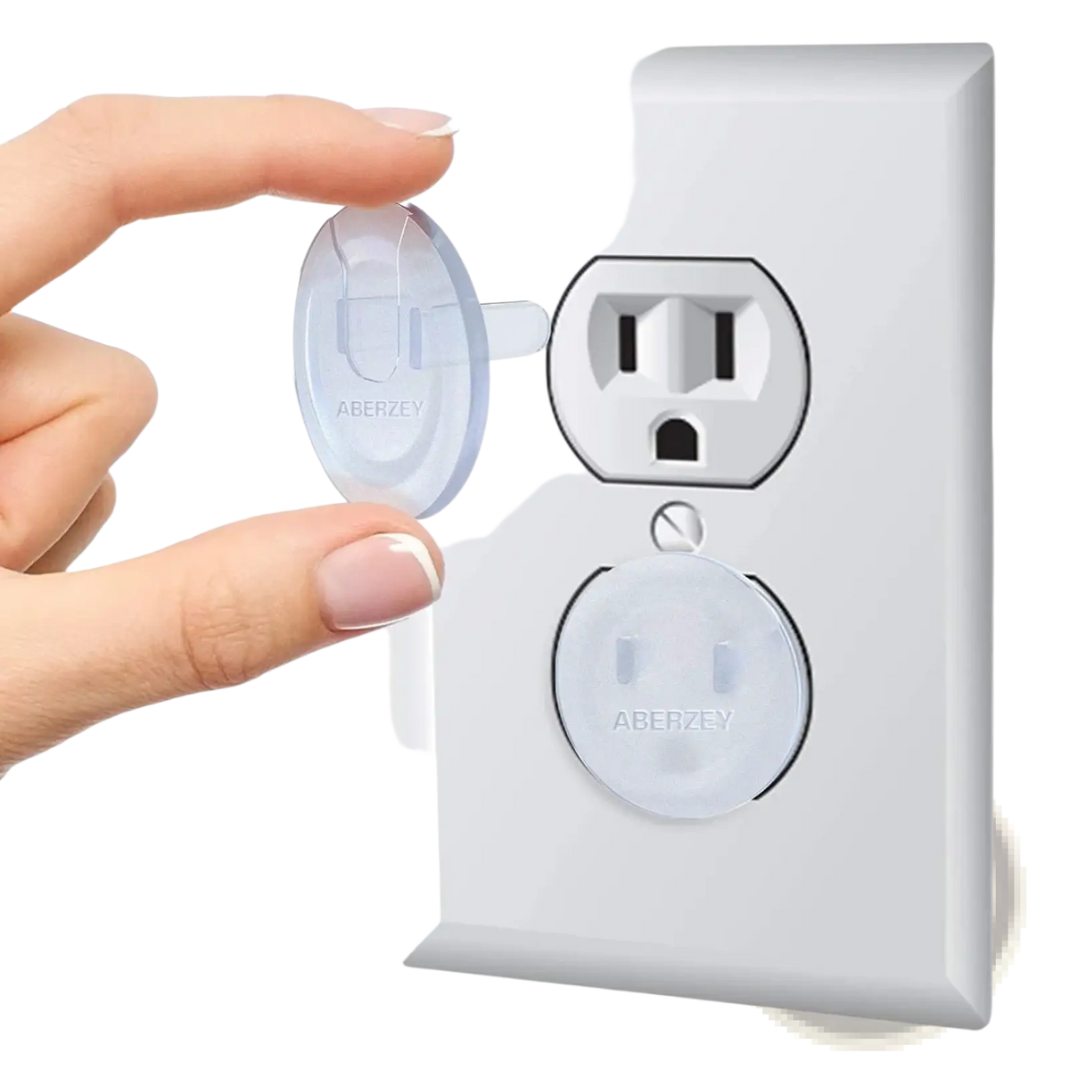 Clear plastic baby proofing outlet cover with snap-on design branded aberzey for child safety 10 pack