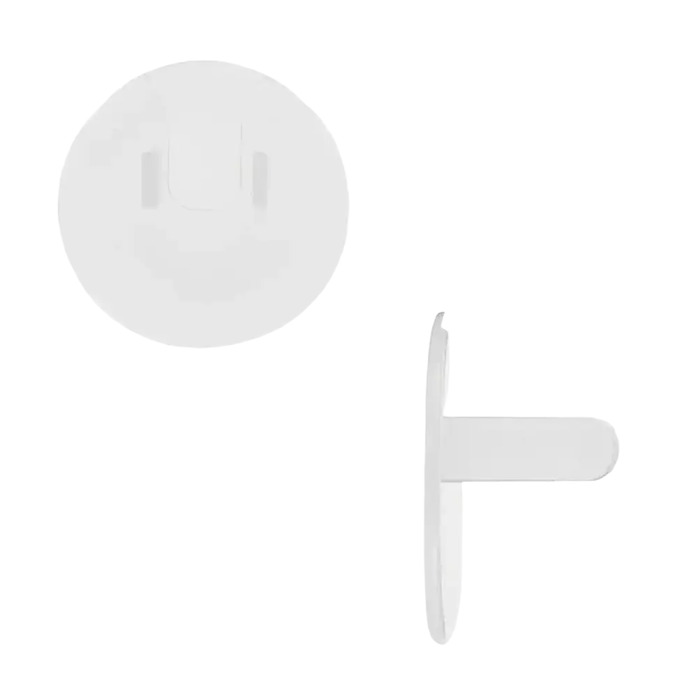White plastic outlet cover with smooth rounded design and two vertical slots for baby proofing safety plugs 10 pack