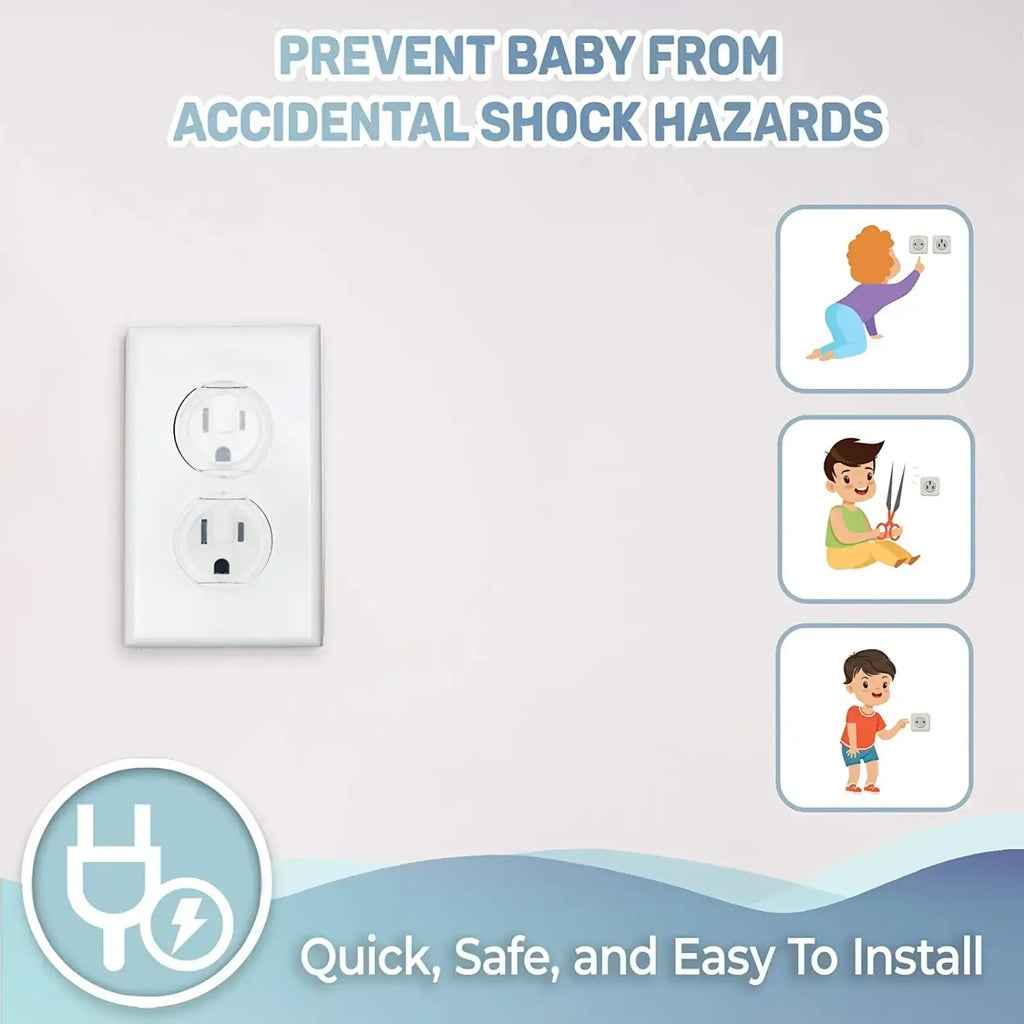 White plastic electrical outlet cover with baby proofing safety plugs to prevent accidental shock hazards 10 pack