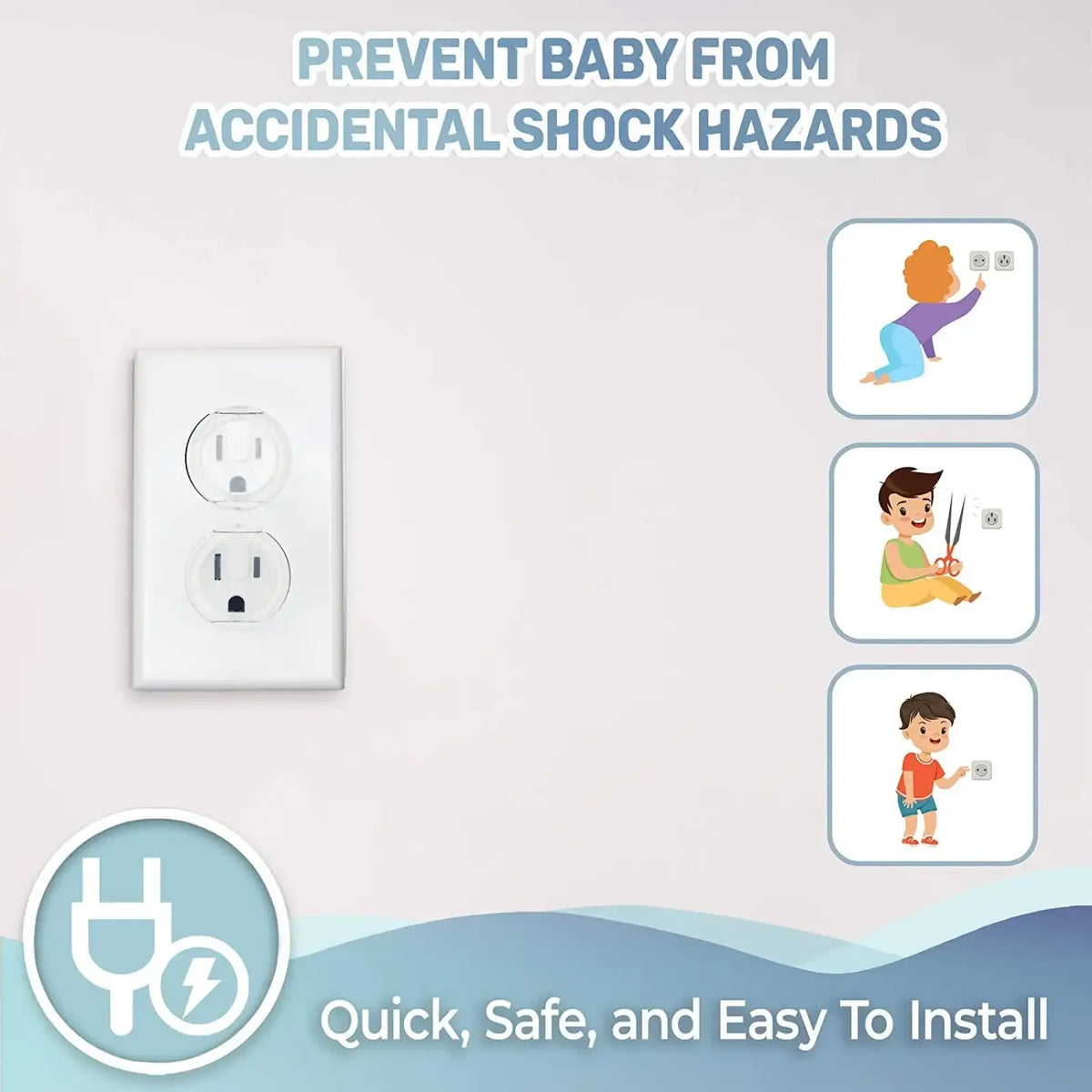 White plastic electrical outlet cover with baby proofing safety plugs to prevent accidental shock hazards 10 pack