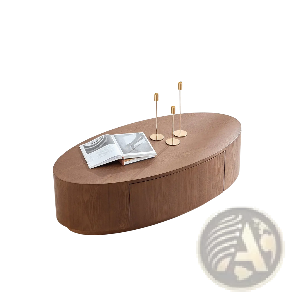 Modern oval coffee table in dark walnut wood with storage and a sleek minimalist design no assembly required