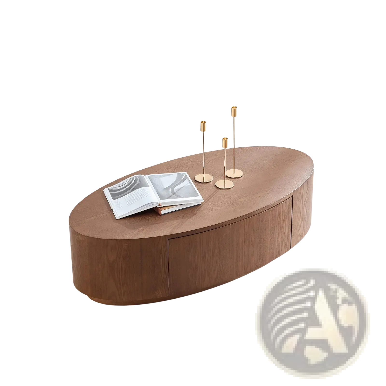 Modern oval coffee table in dark walnut wood with storage and a sleek minimalist design no assembly required