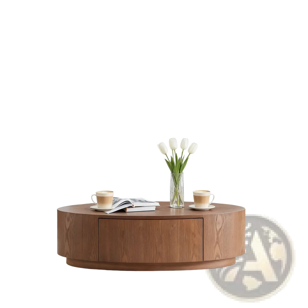 Modern oval coffee table in dark walnut wood with a warm finish and two sleek storage drawers no assembly required