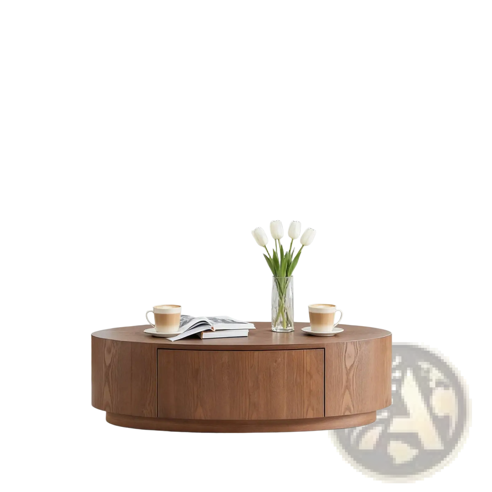 Modern oval coffee table in dark walnut wood with a warm finish and two sleek storage drawers no assembly required
