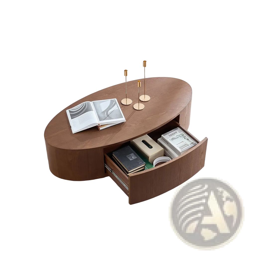 Modern oval coffee table in dark walnut wood with storage drawer open showing books and magazines