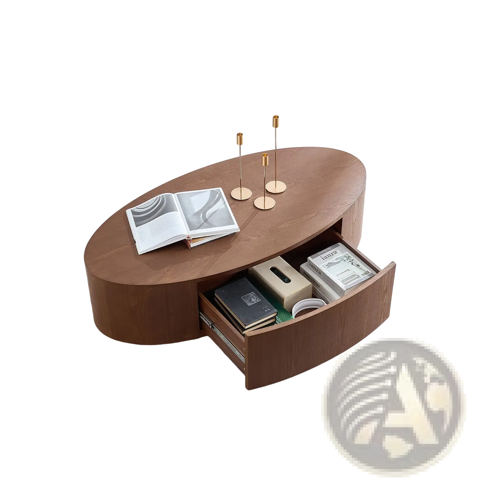 Modern oval coffee table in dark walnut wood with storage drawer open showing books and magazines