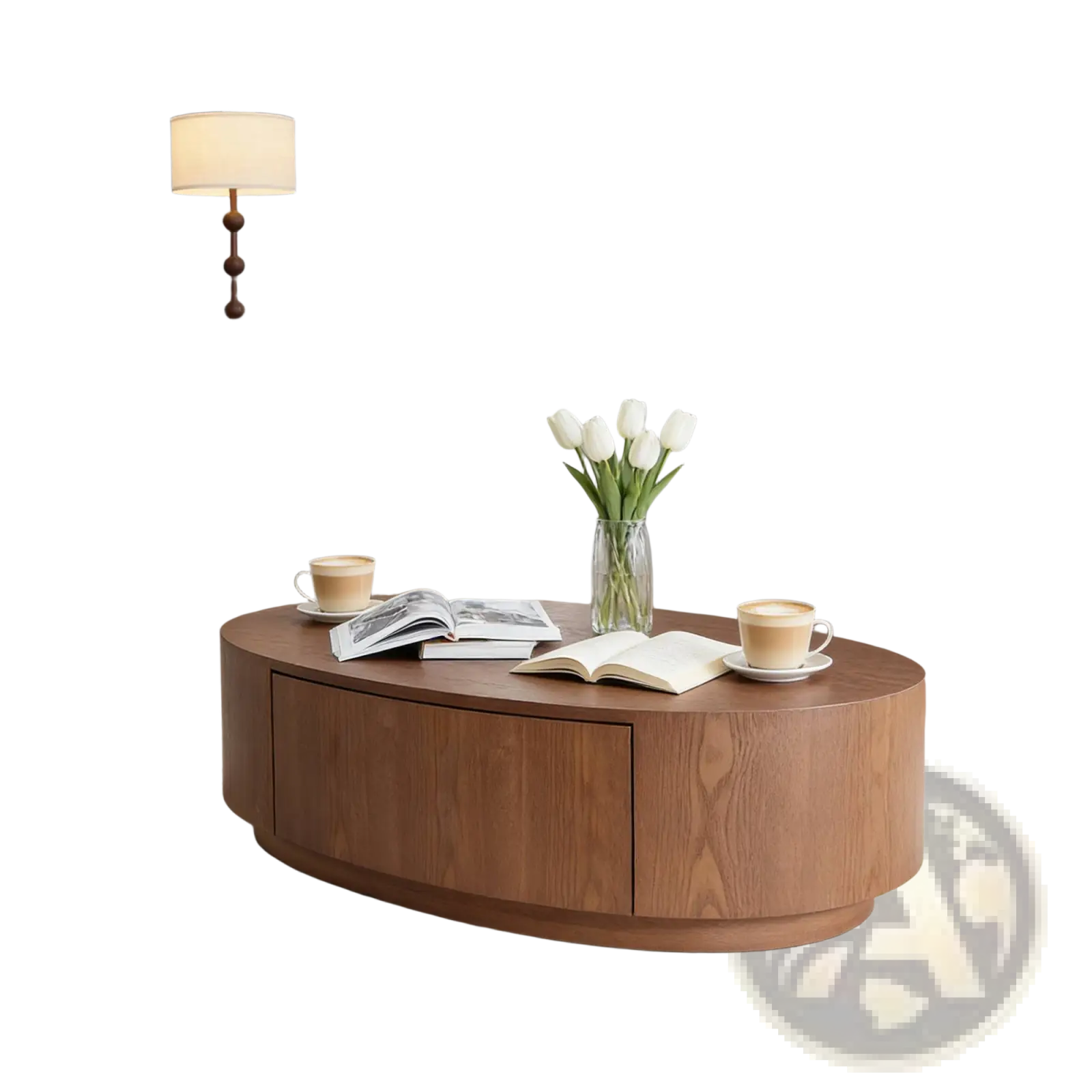 A sleek oval coffee table in dark walnut wood with warm brown finish and two smooth storage drawers no assembly