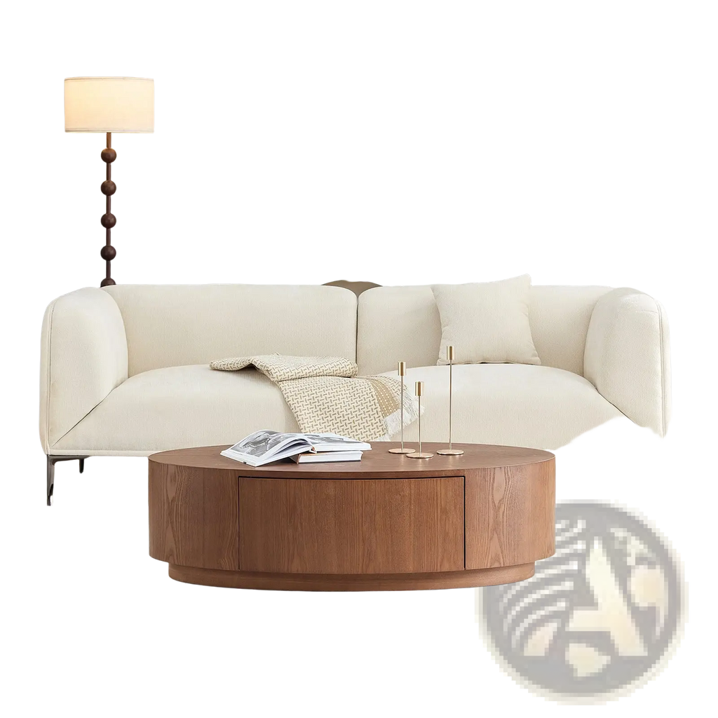 Cream-colored leather sofa with rounded arms next to oval coffee table dark walnut wood storage no assembly