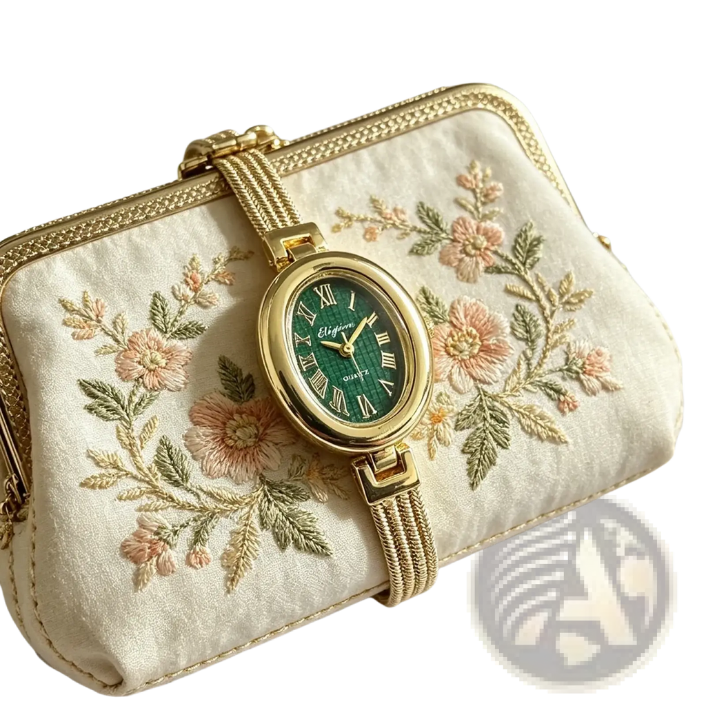Gold-toned oval green dial quartz women watch with roman numerals, presented in an embroidered floral clutch case