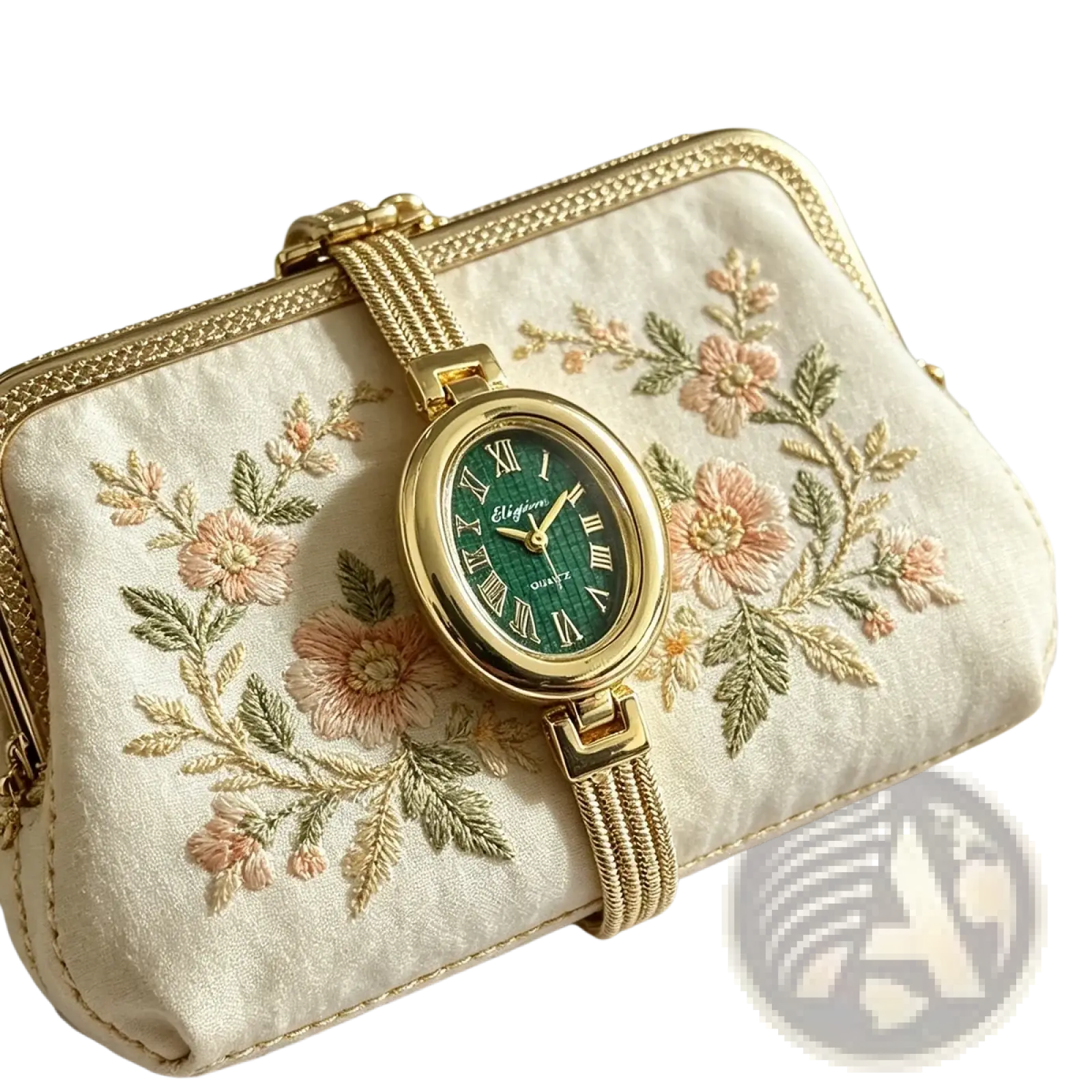 Gold-toned oval green dial quartz women watch with roman numerals, presented in an embroidered floral clutch case