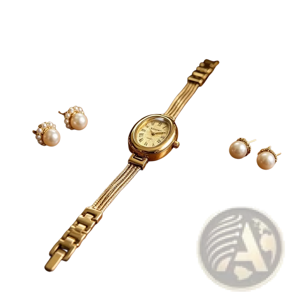 Oval green dial quartz women watch with gold-toned oval case cream face roman numerals and braided metal bracelet
