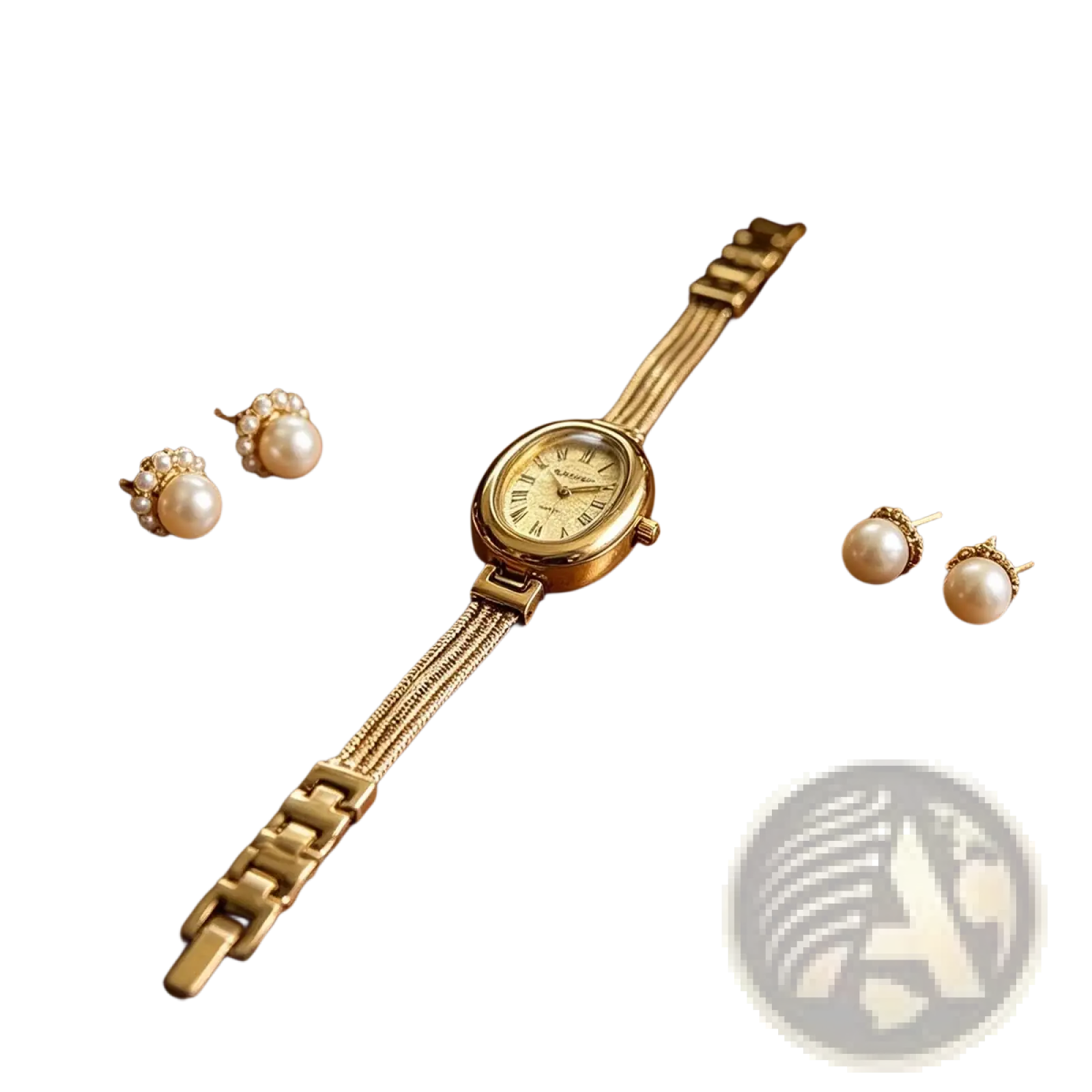 Oval green dial quartz women watch with gold-toned oval case cream face roman numerals and braided metal bracelet