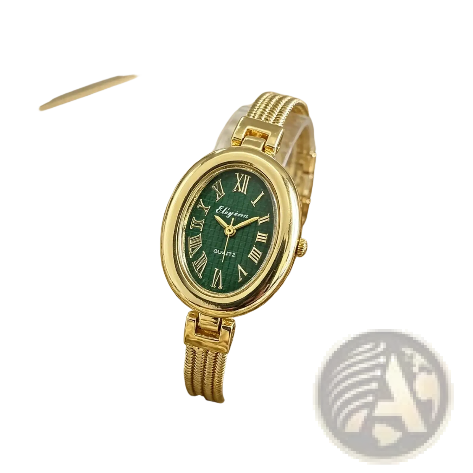 Gold-toned elijine quartz women watch with an oval green dial featuring roman numerals and a braided metal bracelet