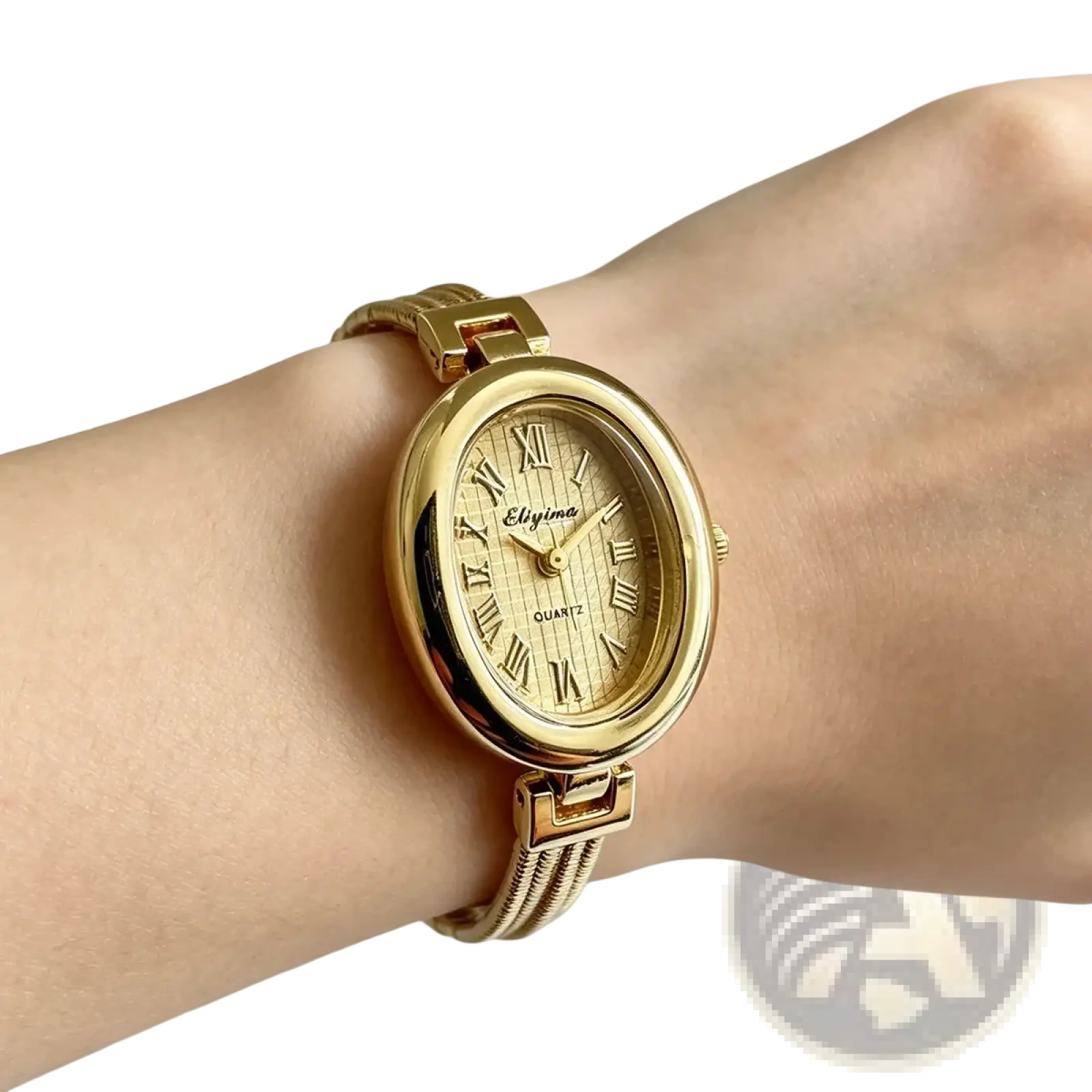 Gold-toned oval-faced quartz women watch with roman numerals and textured dial worn on wrist