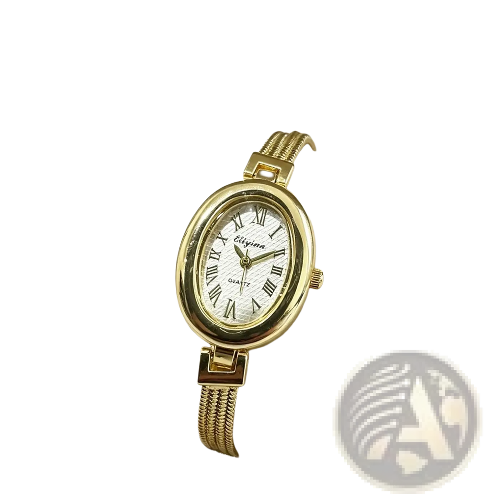 Gold-toned oval wristwatch with textured white dial, roman numerals, and elegant braided metal band for women