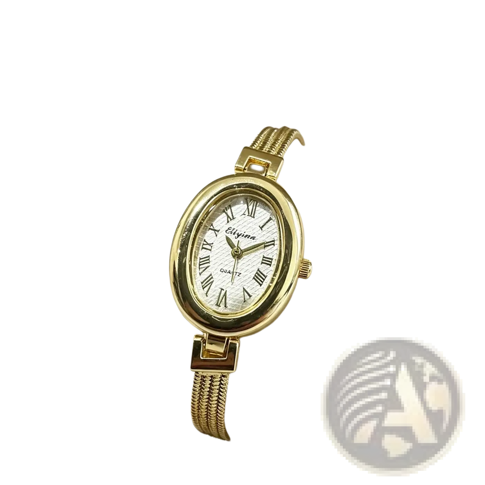 Gold-toned oval wristwatch with textured white dial, roman numerals, and elegant braided metal band for women