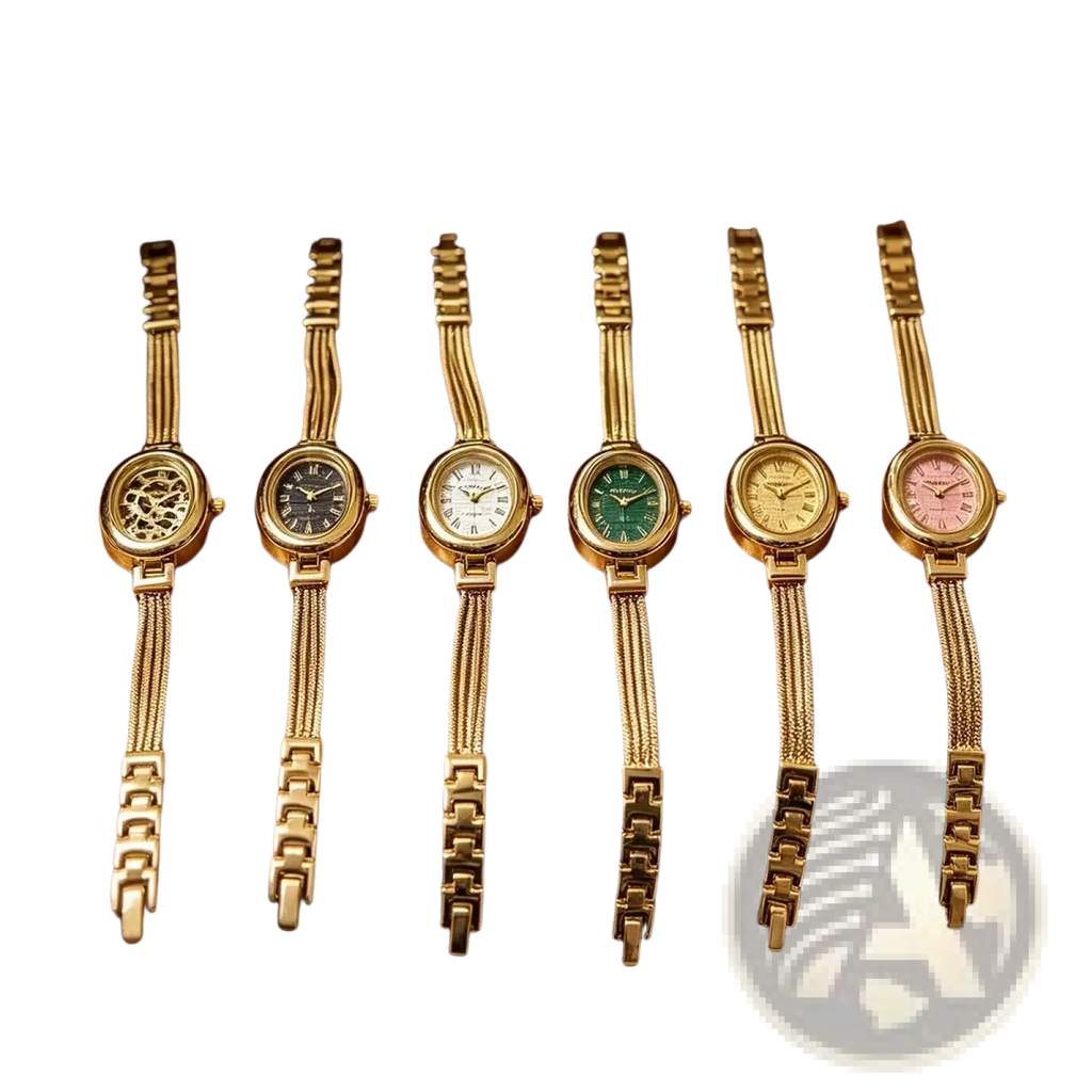 Oval green dial quartz women watch with six elegant gold-toned linked bracelet wristwatches featuring varied dials